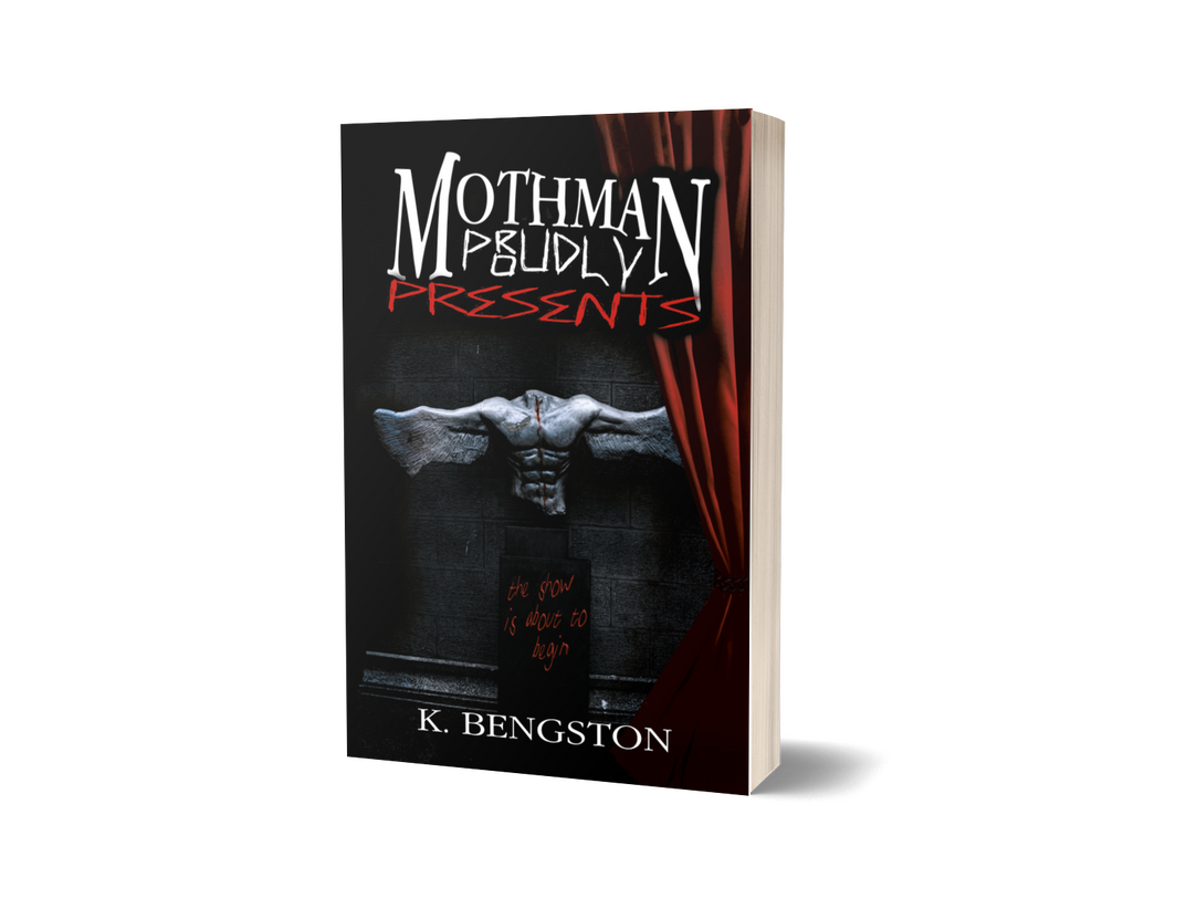 Cover mockup of the horror novel MOTHMAN Proudly Presents